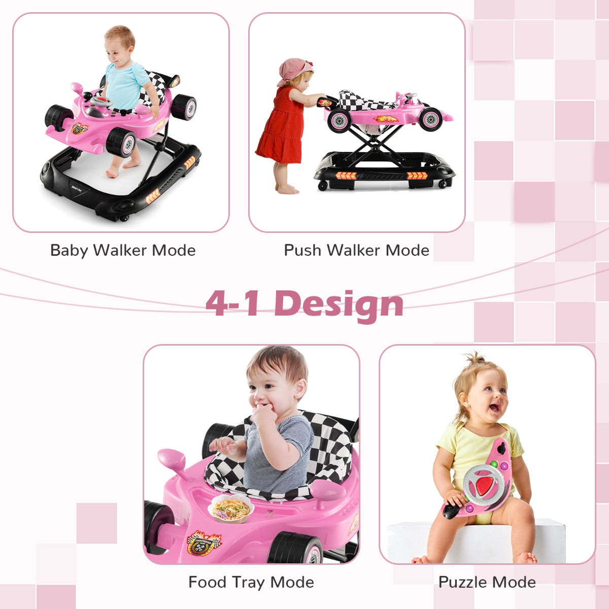 Foldable Baby Walker with 3 Adjustable Height Settings for 7-14 Months Boys Girls-Pink