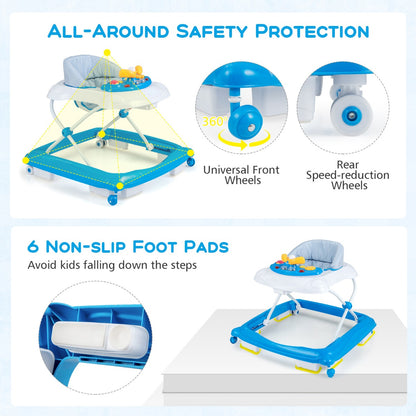 Foldable Baby Walker with 3 Adjustable Heights Comfy Padded Seat Lights and Music Tray-Blue
