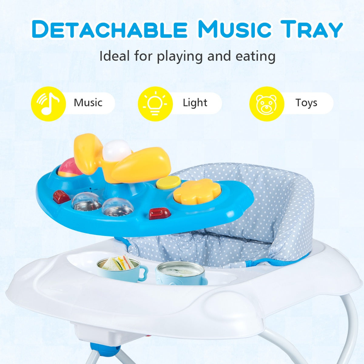Foldable Baby Walker with 3 Adjustable Heights Comfy Padded Seat Lights and Music Tray-Blue