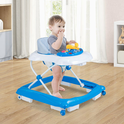 Foldable Baby Walker with 3 Adjustable Heights Comfy Padded Seat Lights and Music Tray-Blue