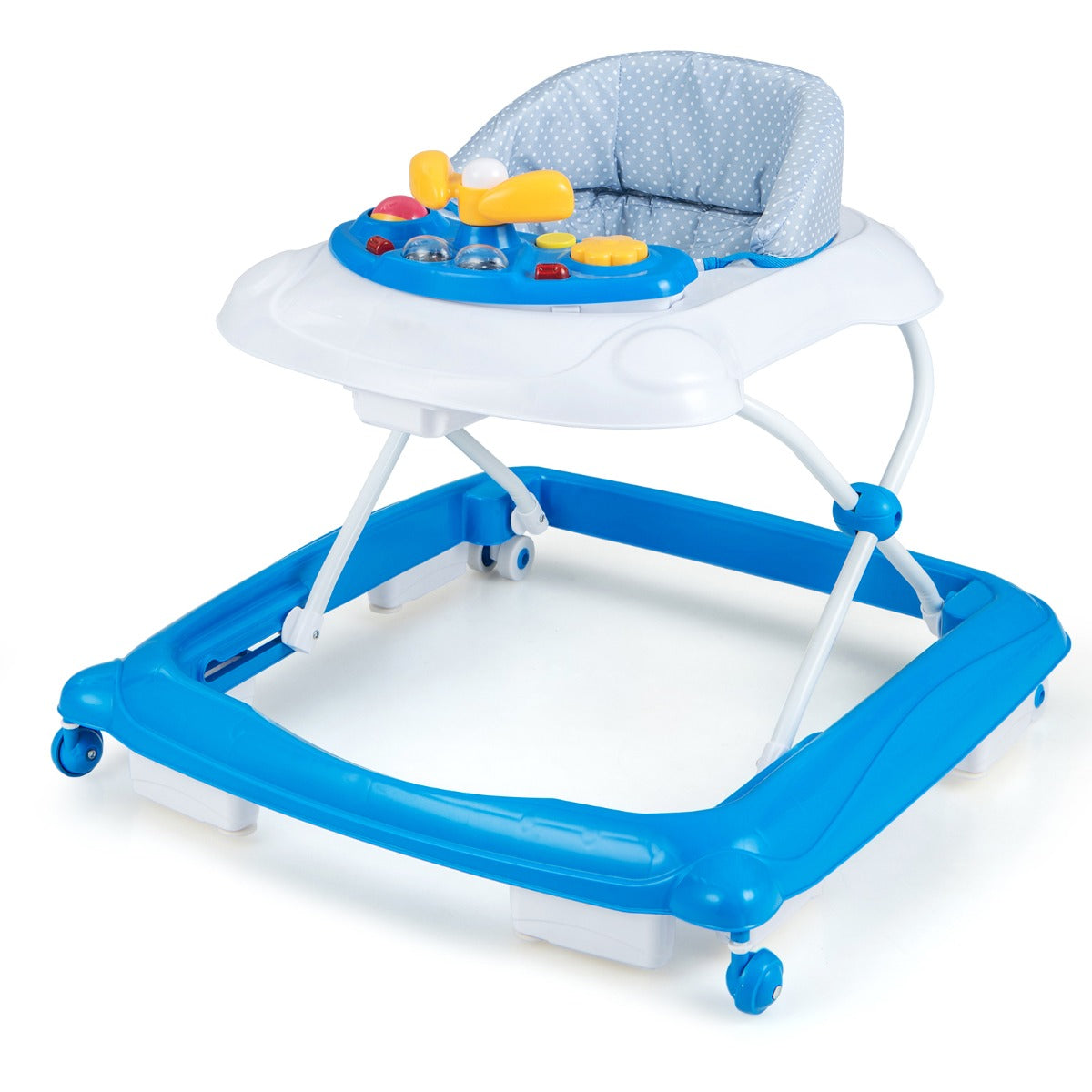 Foldable Baby Walker with 3 Adjustable Heights Comfy Padded Seat Lights and Music Tray-Blue