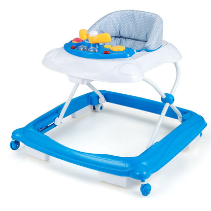 Foldable Baby Walker with 3 Adjustable Heights Comfy Padded Seat Lights and Music Tray-Blue