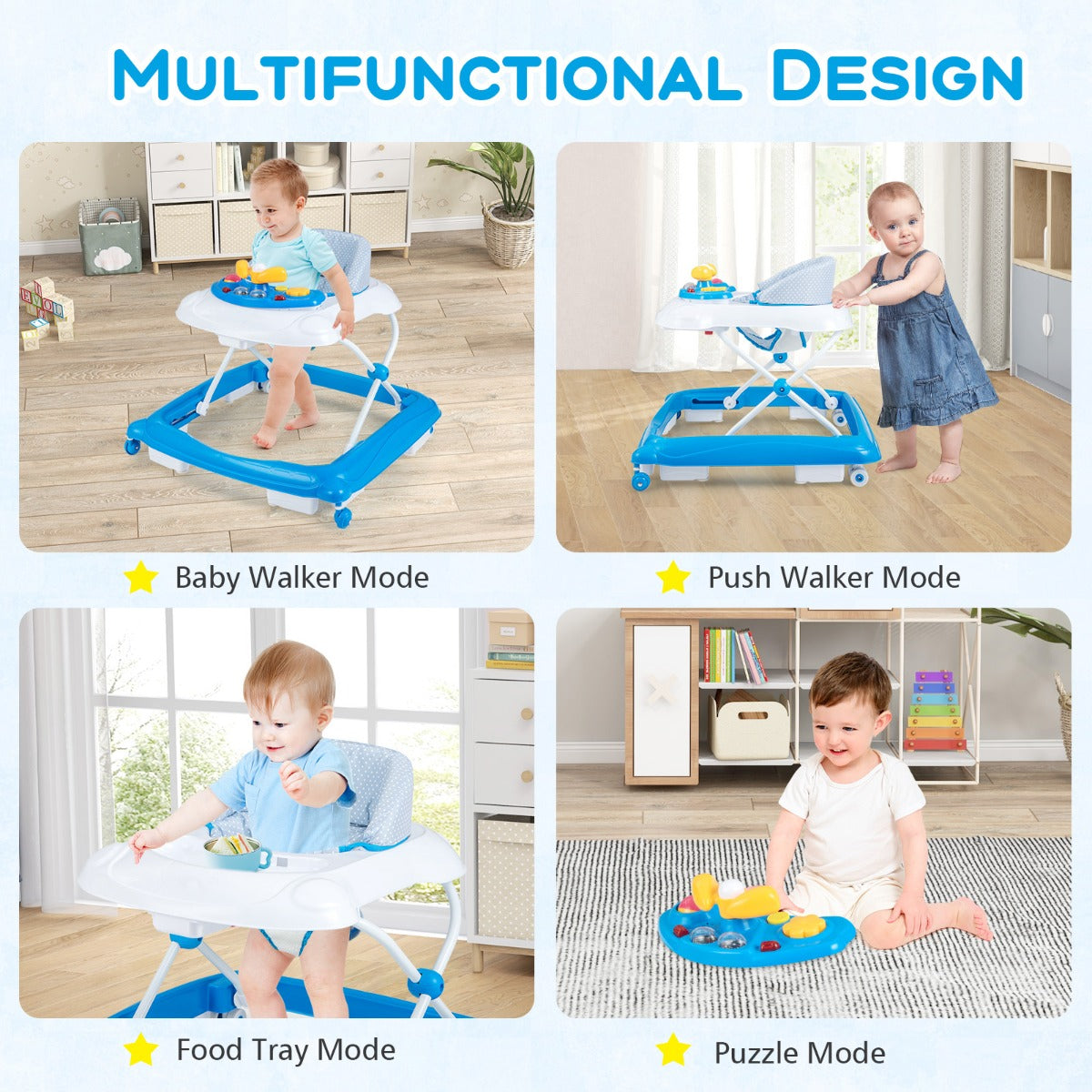 Foldable Baby Walker with 3 Adjustable Heights Comfy Padded Seat Lights and Music Tray-Blue