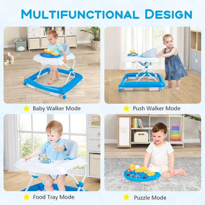 Foldable Baby Walker with 3 Adjustable Heights Comfy Padded Seat Lights and Music Tray-Blue