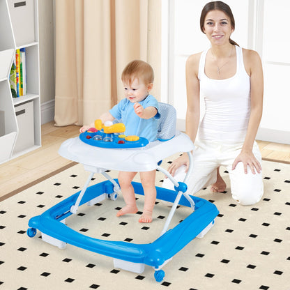 Foldable Baby Walker with 3 Adjustable Heights Comfy Padded Seat Lights and Music Tray-Blue