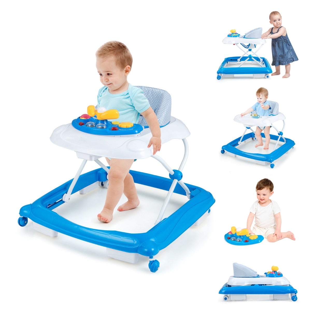 Foldable Baby Walker with 3 Adjustable Heights Comfy Padded Seat Lights and Music Tray-Blue