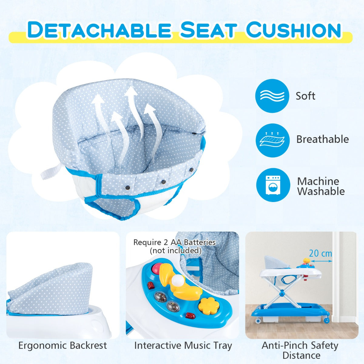 Foldable Baby Walker with 3 Adjustable Heights Comfy Padded Seat Lights and Music Tray-Blue