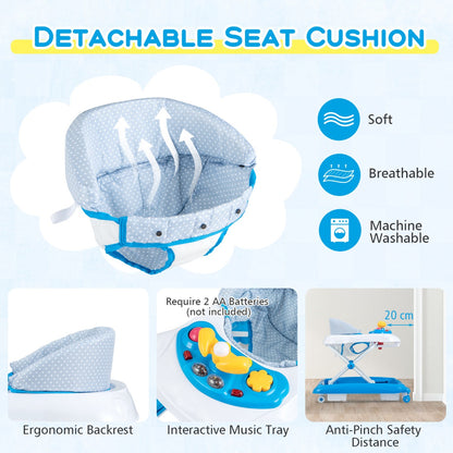 Foldable Baby Walker with 3 Adjustable Heights Comfy Padded Seat Lights and Music Tray-Blue