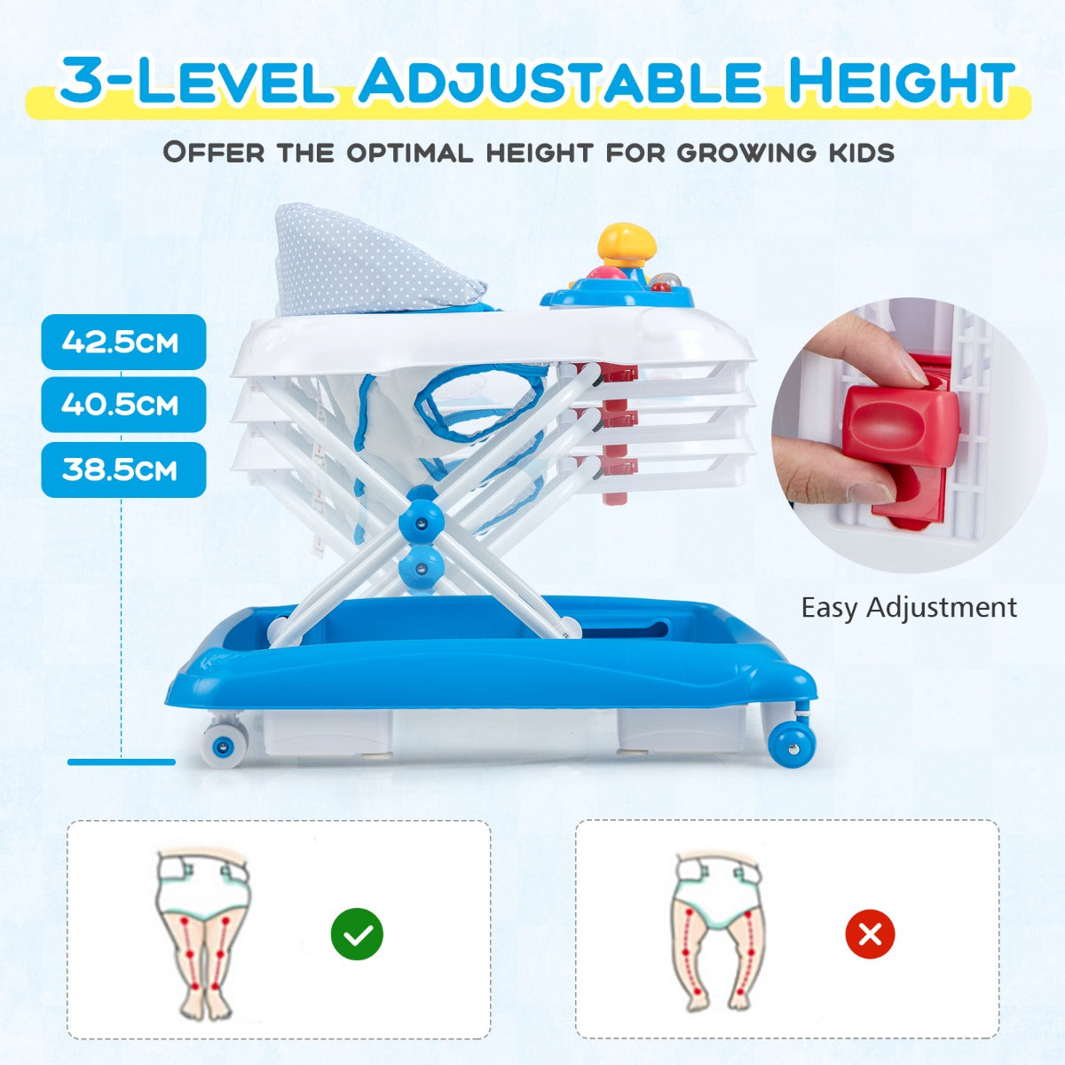 Foldable Baby Walker with 3 Adjustable Heights Comfy Padded Seat Lights and Music Tray-Blue