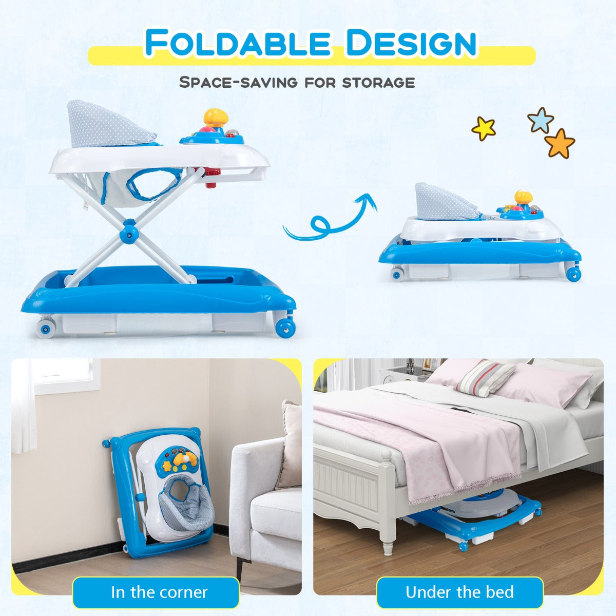 Foldable Baby Walker with 3 Adjustable Heights Comfy Padded Seat Lights and Music Tray-Blue