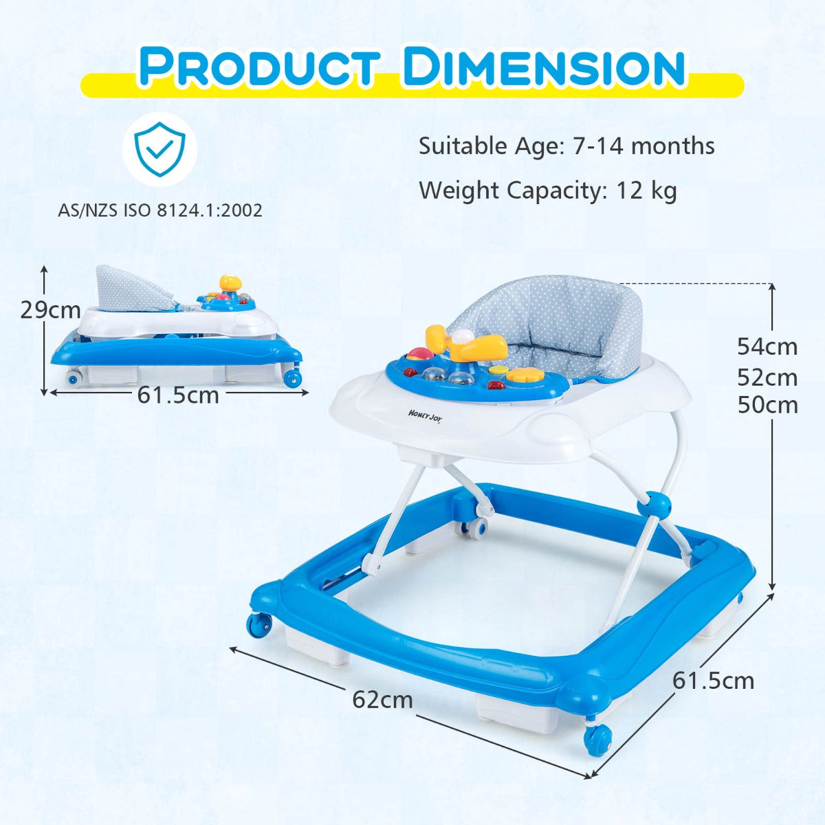 Foldable Baby Walker with 3 Adjustable Heights Comfy Padded Seat Lights and Music Tray-Blue