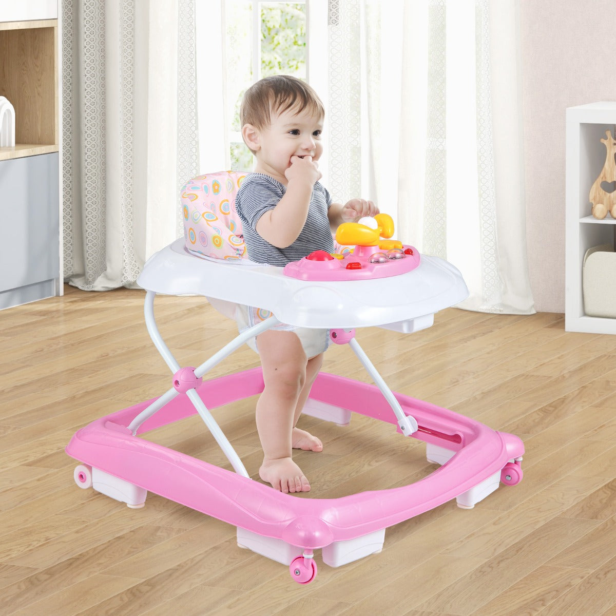 Foldable Baby Walker with 3 Adjustable Heights Comfy Padded Seat Lights and Music Tray-Pink