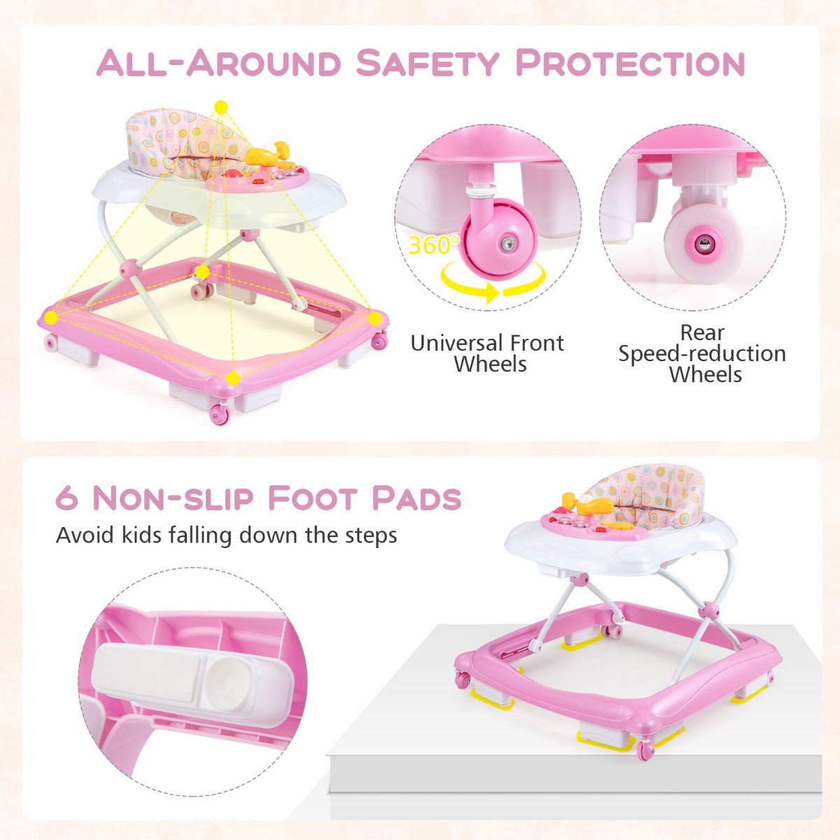 Foldable Baby Walker with 3 Adjustable Heights Comfy Padded Seat Lights and Music Tray-Pink