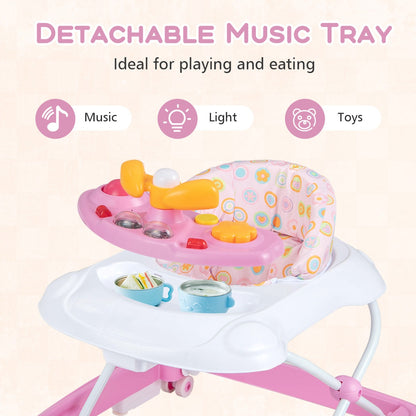 Foldable Baby Walker with 3 Adjustable Heights Comfy Padded Seat Lights and Music Tray-Pink