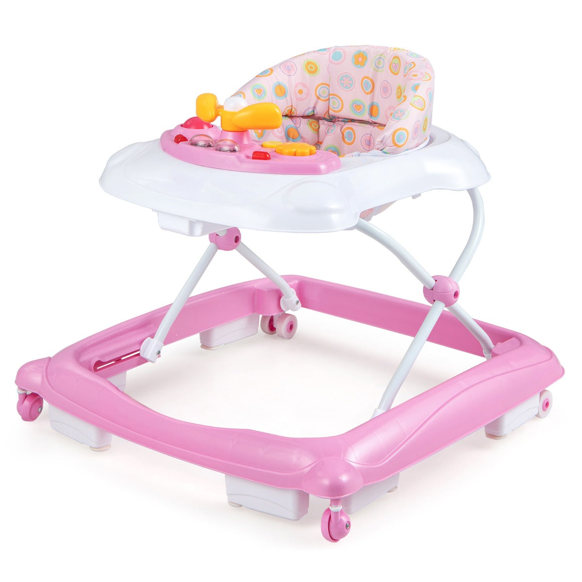 Foldable Baby Walker with 3 Adjustable Heights Comfy Padded Seat Lights and Music Tray-Pink