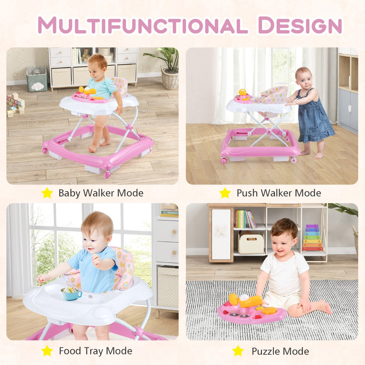 Foldable Baby Walker with 3 Adjustable Heights Comfy Padded Seat Lights and Music Tray-Pink