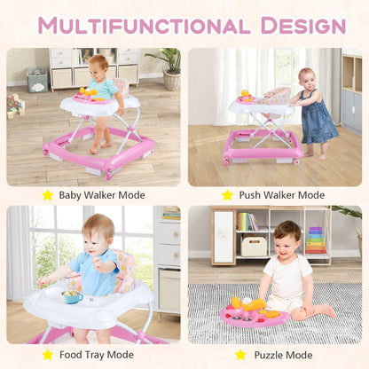 Foldable Baby Walker with 3 Adjustable Heights Comfy Padded Seat Lights and Music Tray-Pink