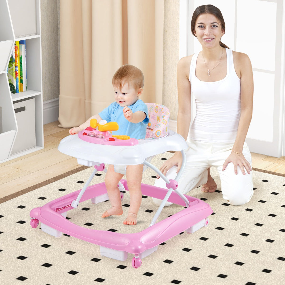 Foldable Baby Walker with 3 Adjustable Heights Comfy Padded Seat Lights and Music Tray-Pink
