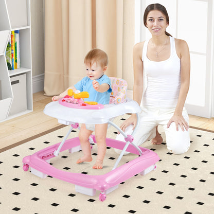 Foldable Baby Walker with 3 Adjustable Heights Comfy Padded Seat Lights and Music Tray-Pink
