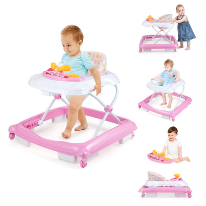 Foldable Baby Walker with 3 Adjustable Heights Comfy Padded Seat Lights and Music Tray-Pink