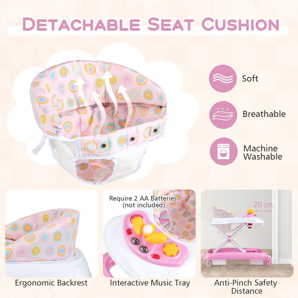 Foldable Baby Walker with 3 Adjustable Heights Comfy Padded Seat Lights and Music Tray-Pink