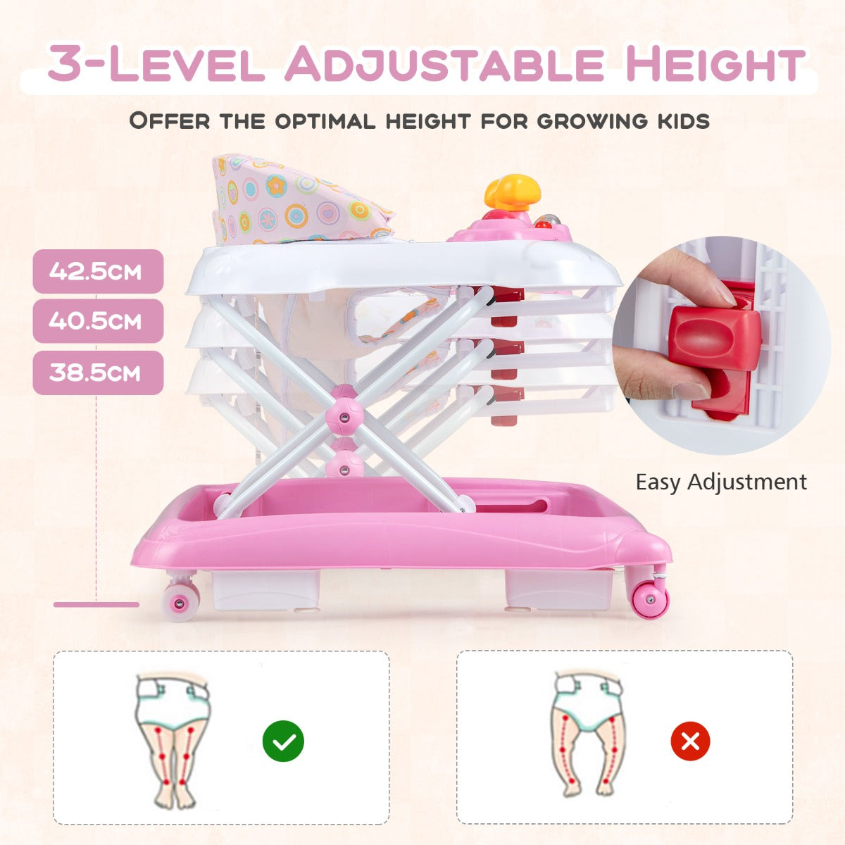 Foldable Baby Walker with 3 Adjustable Heights Comfy Padded Seat Lights and Music Tray-Pink