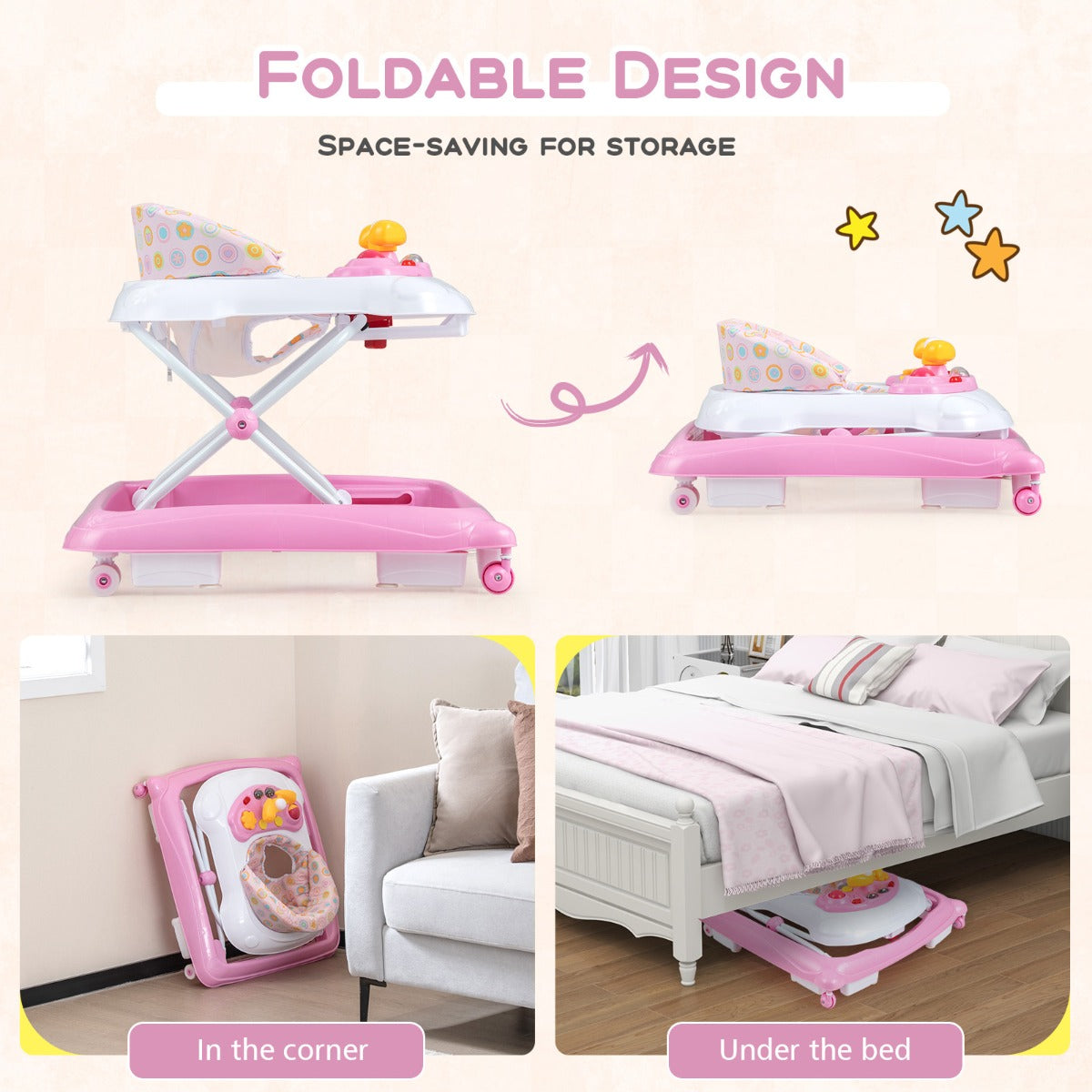 Foldable Baby Walker with 3 Adjustable Heights Comfy Padded Seat Lights and Music Tray-Pink