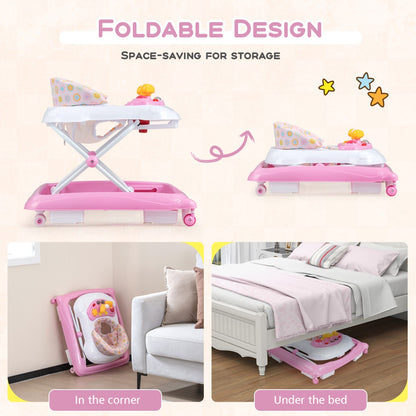 Foldable Baby Walker with 3 Adjustable Heights Comfy Padded Seat Lights and Music Tray-Pink