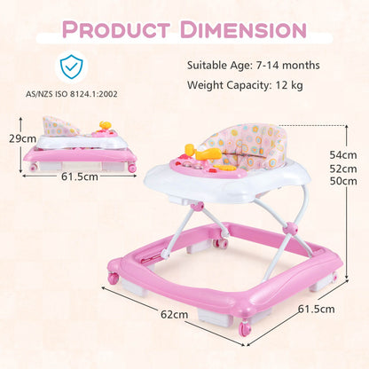 Foldable Baby Walker with 3 Adjustable Heights Comfy Padded Seat Lights and Music Tray-Pink