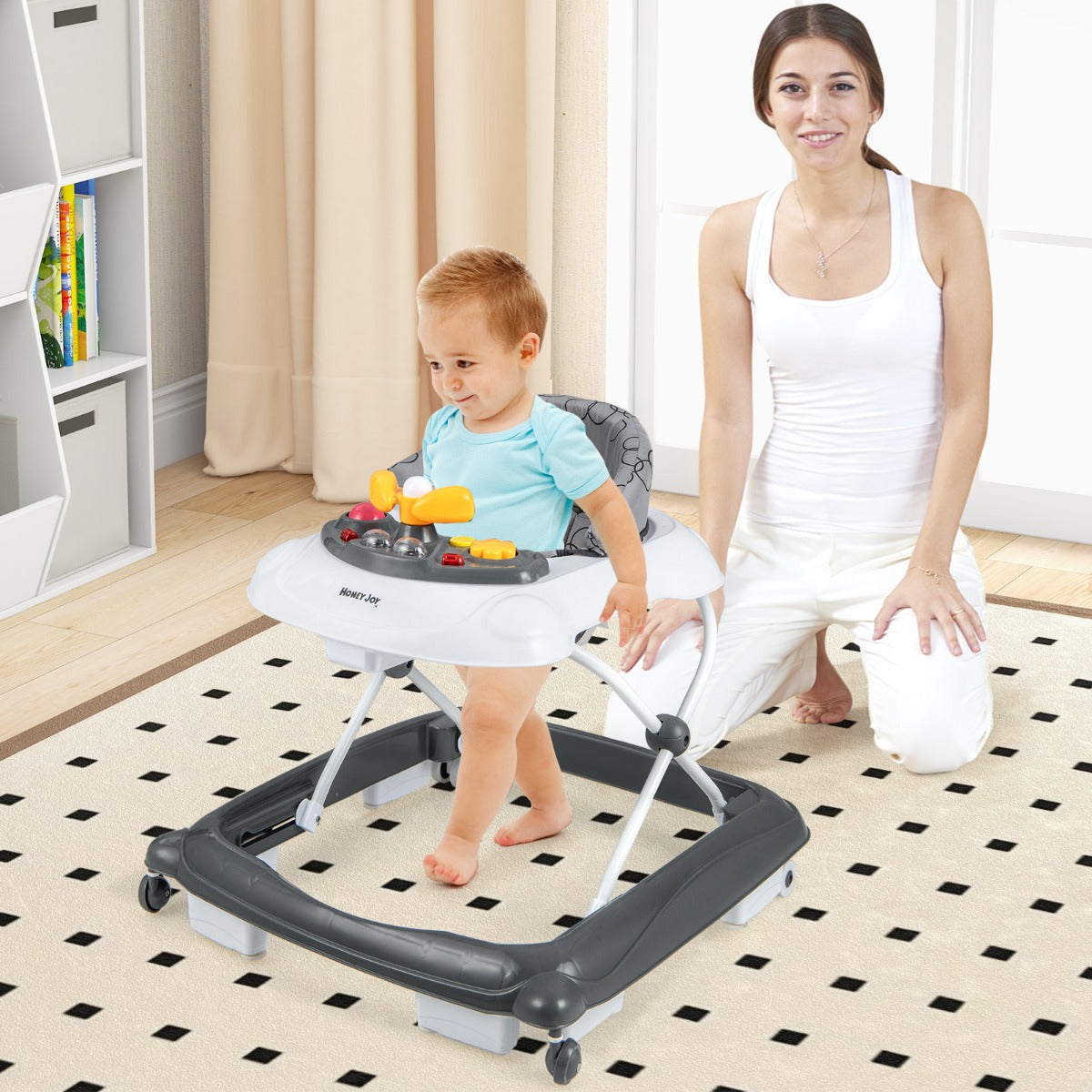 Foldable Baby Walker with 3 Adjustable Heights Comfy Padded Seat Lights and Music Tray-Grey