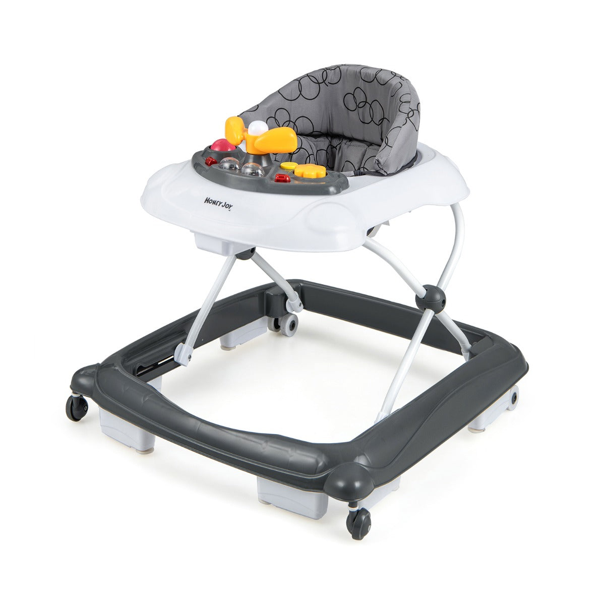 Foldable Baby Walker with 3 Adjustable Heights Comfy Padded Seat Lights and Music Tray-Grey