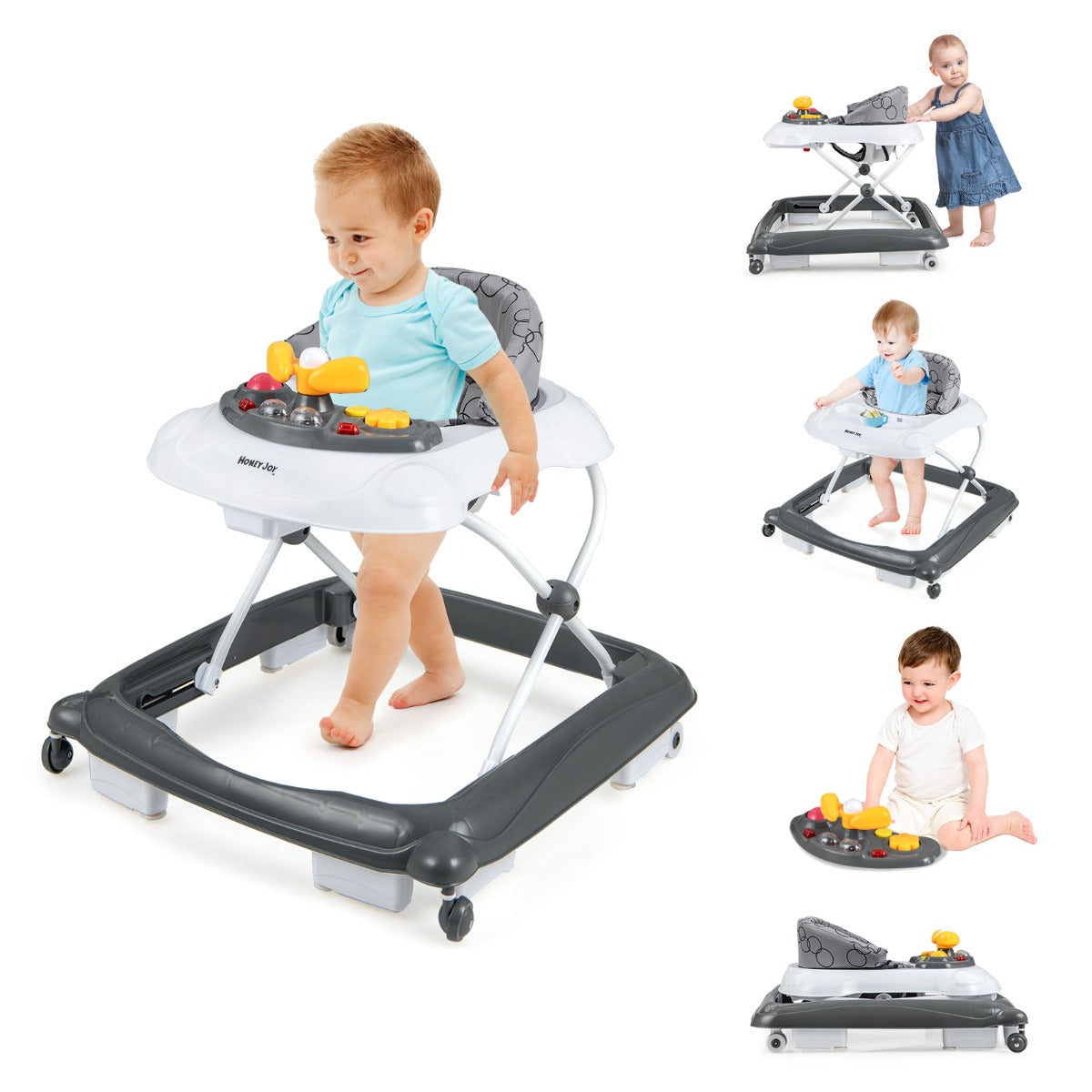 Foldable Baby Walker with 3 Adjustable Heights Comfy Padded Seat Lights and Music Tray-Grey