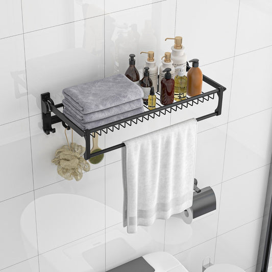 Costway Foldable Bathroom Towel Rack with Adjustable Towel Bar and Movable Hooks