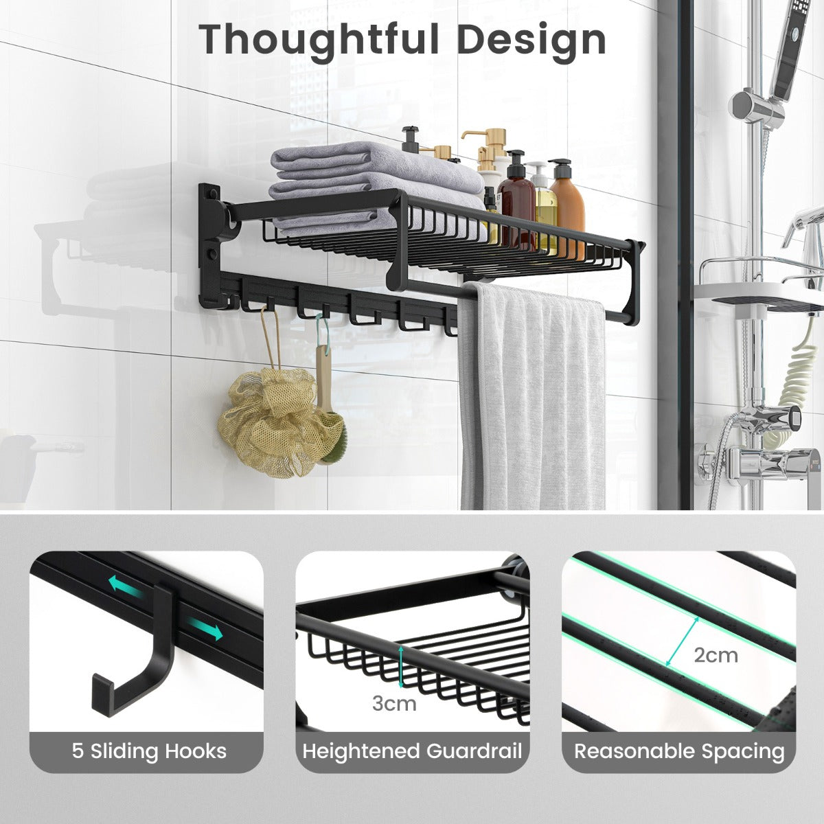 Costway Foldable Bathroom Towel Rack with Adjustable Towel Bar and Movable Hooks