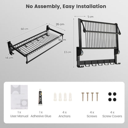 Foldable bathroom towel rack combines a storage basket, towel bar and multiple hanging hooks