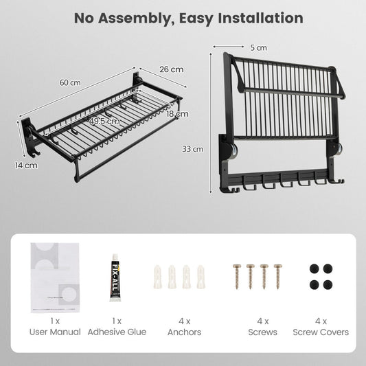 Foldable bathroom towel rack combines a storage basket, towel bar and multiple hanging hooks