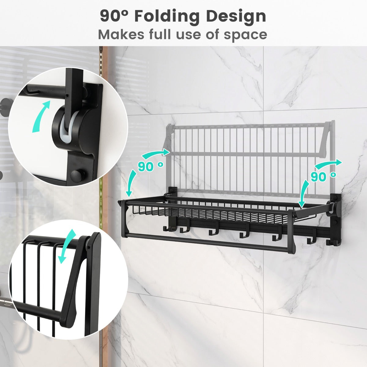 Costway Foldable Bathroom Towel Rack with Adjustable Towel Bar and Movable Hooks