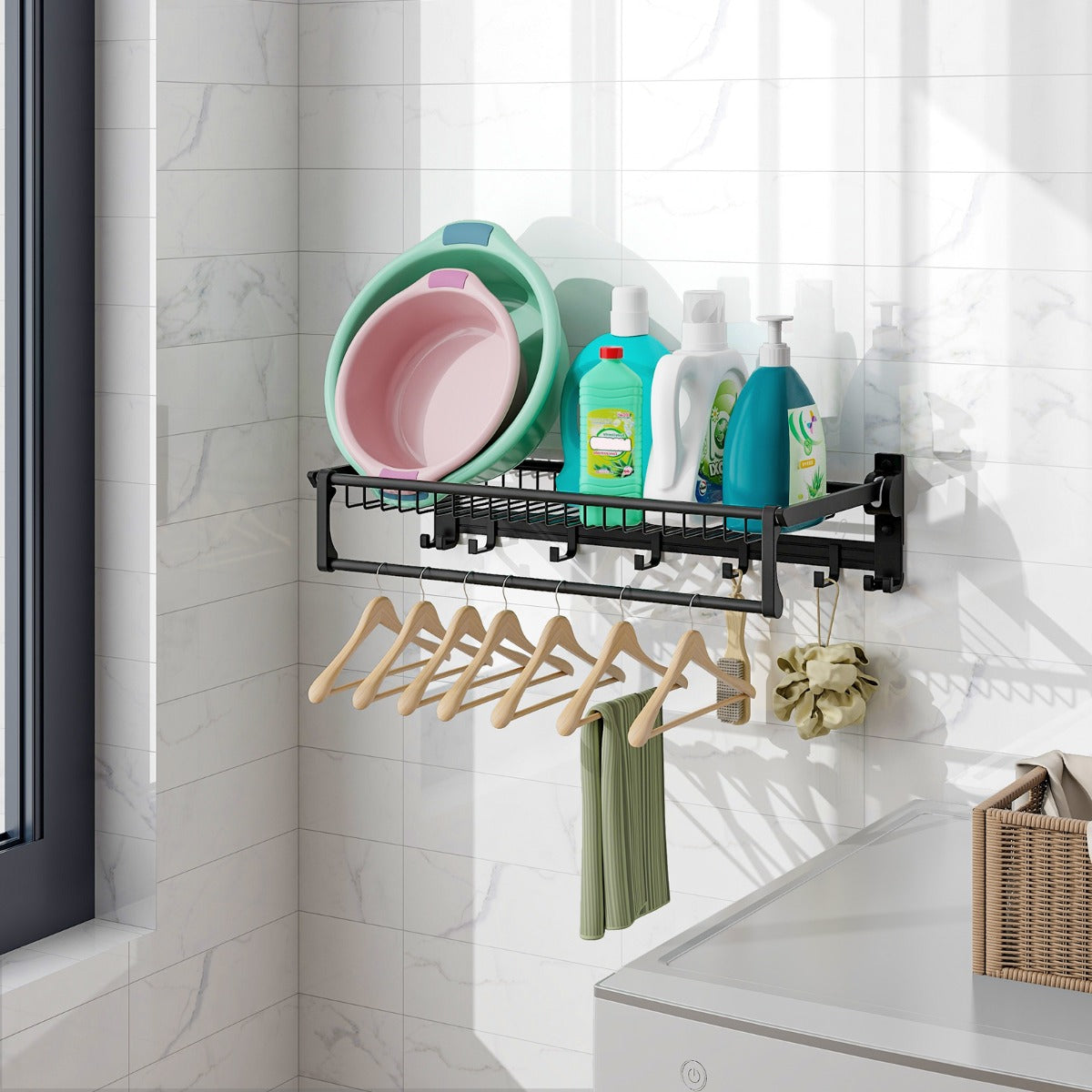 Costway Foldable Bathroom Towel Rack with Adjustable Towel Bar and Movable Hooks