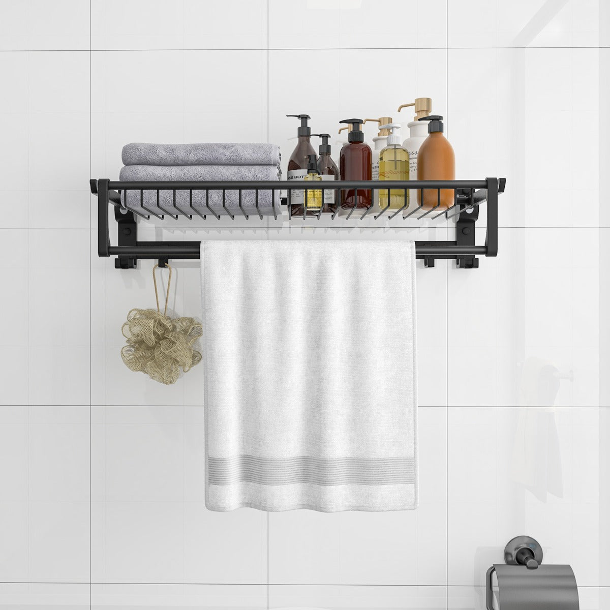 Mesh basket design improves ventilation while storing dry towels and bathroom products