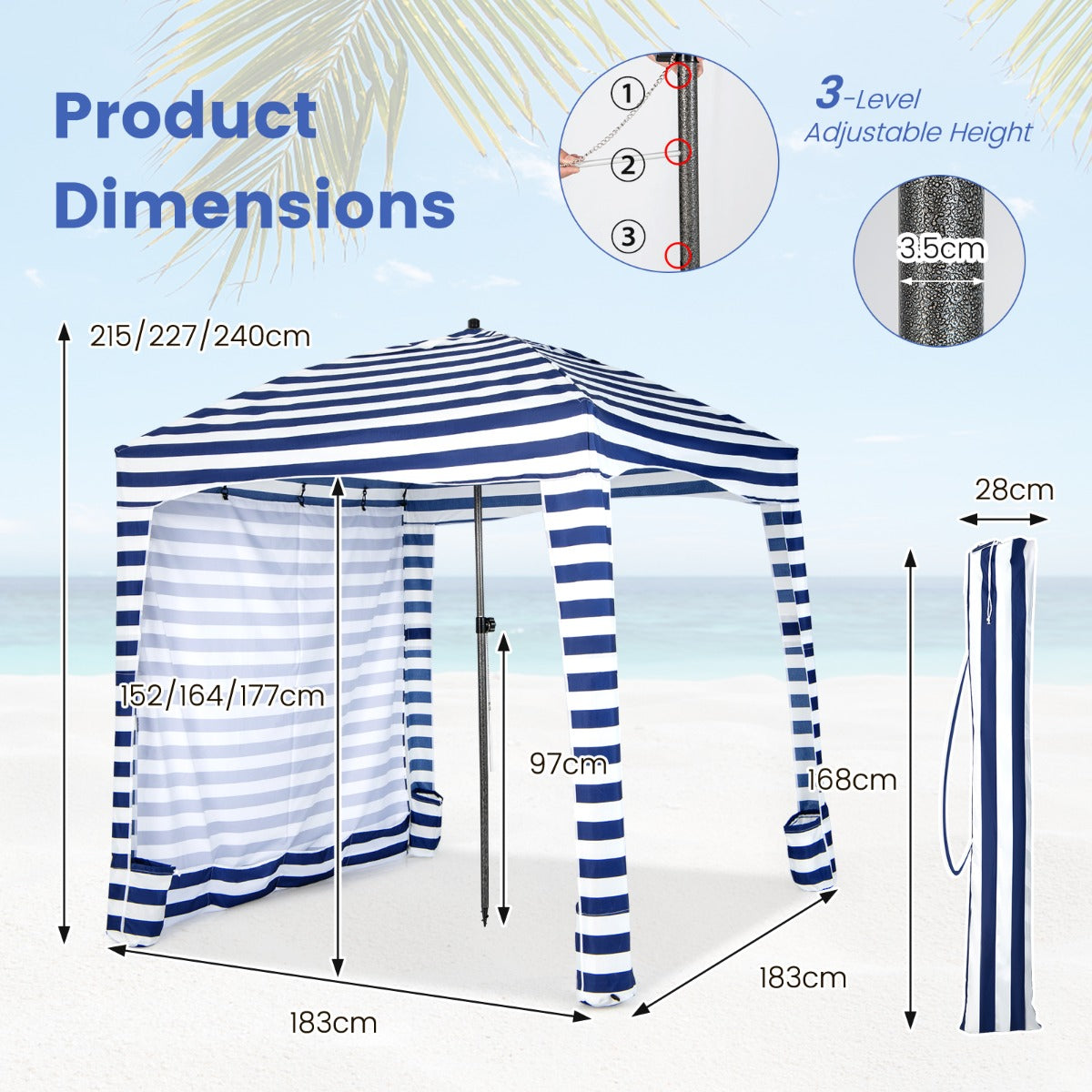 1.8 X 1.8M Foldable Beach Cabana Tent with Carrying Bag and Detachable Sidewall