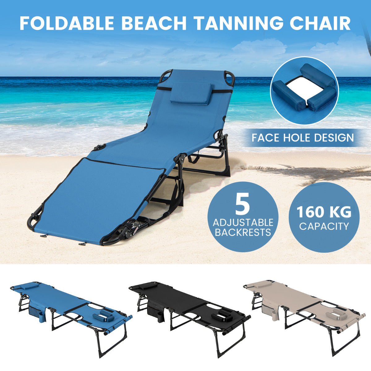 Foldable Beach Lounge Chair with 5-Position Adjustable Backrest-Blue