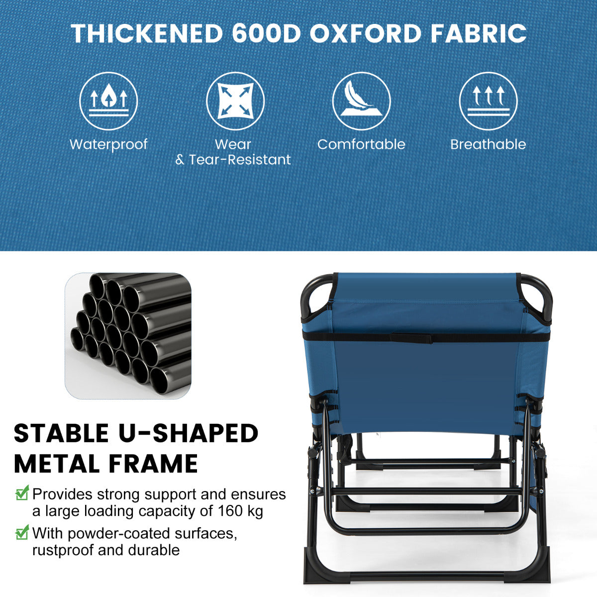 Foldable Beach Lounge Chair with 5-Position Adjustable Backrest-Blue