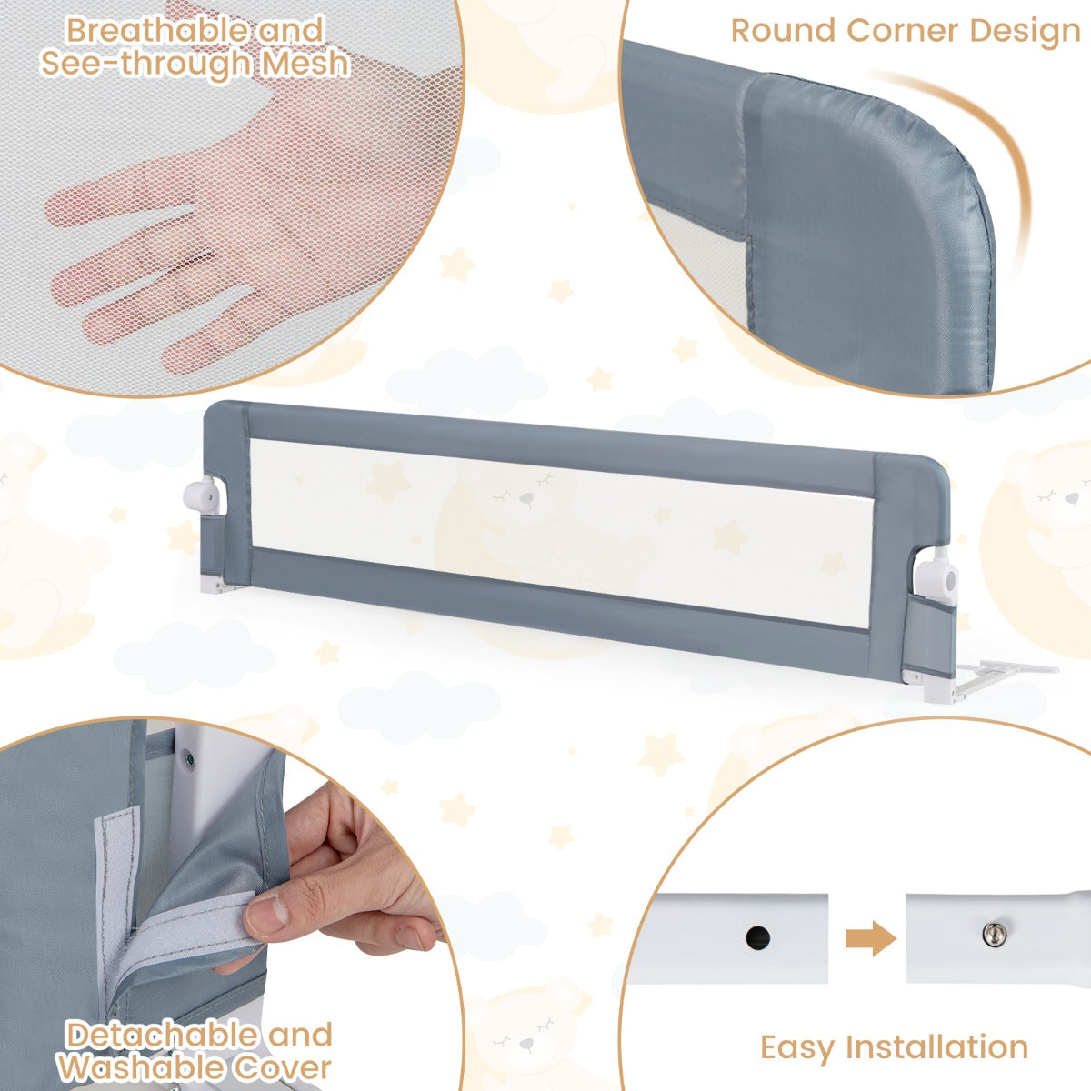 180cm x 42cm Foldable Bed Rail with Adjustable Safety Strap for Toddlers-Grey