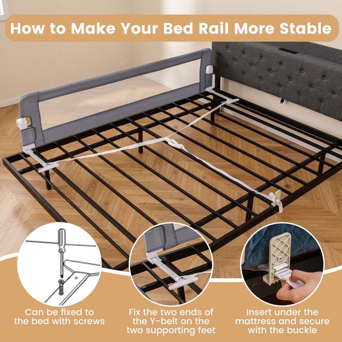 180cm x 42cm Foldable Bed Rail with Adjustable Safety Strap for Toddlers-Grey