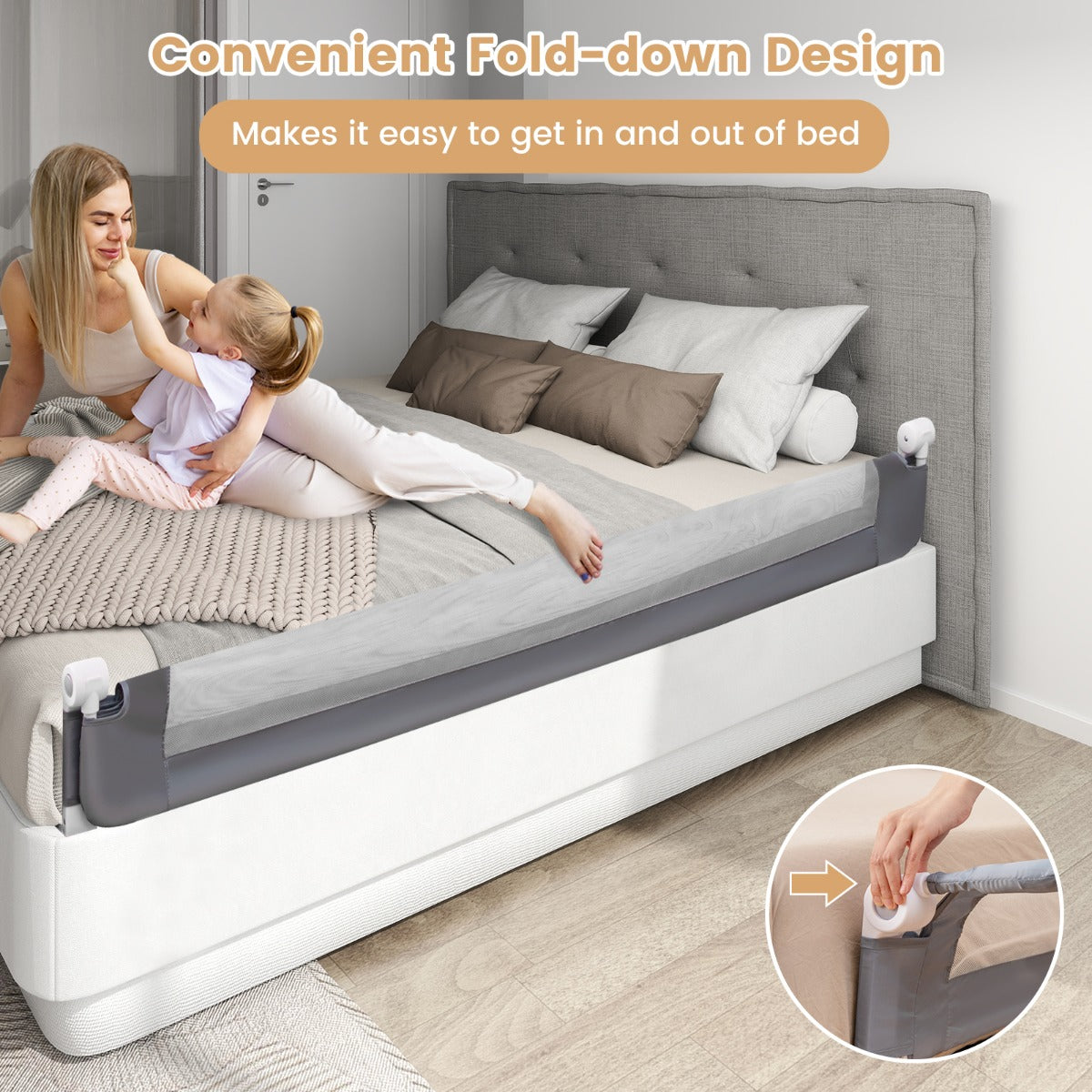 180cm x 42cm Foldable Bed Rail with Adjustable Safety Strap for Toddlers-Grey