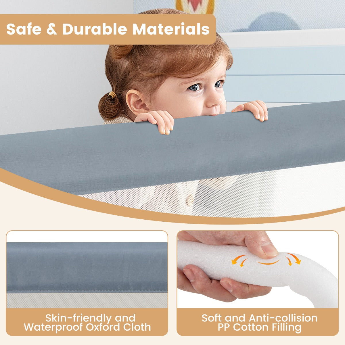 180cm x 42cm Foldable Bed Rail with Adjustable Safety Strap for Toddlers-Grey