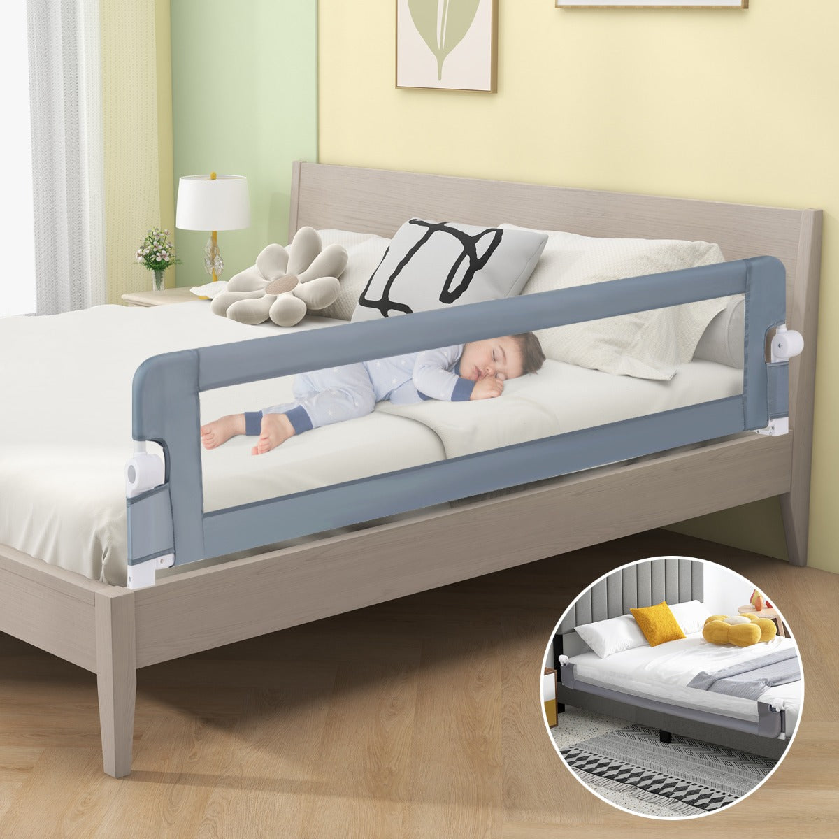 180cm x 42cm Foldable Bed Rail with Adjustable Safety Strap for Toddlers-Grey