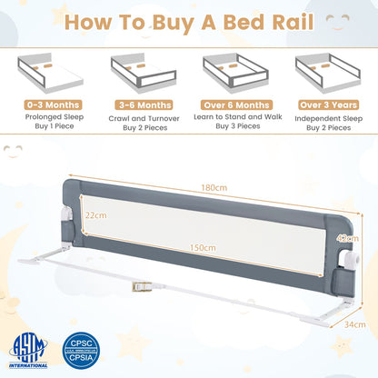 180cm x 42cm Foldable Bed Rail with Adjustable Safety Strap for Toddlers-Grey