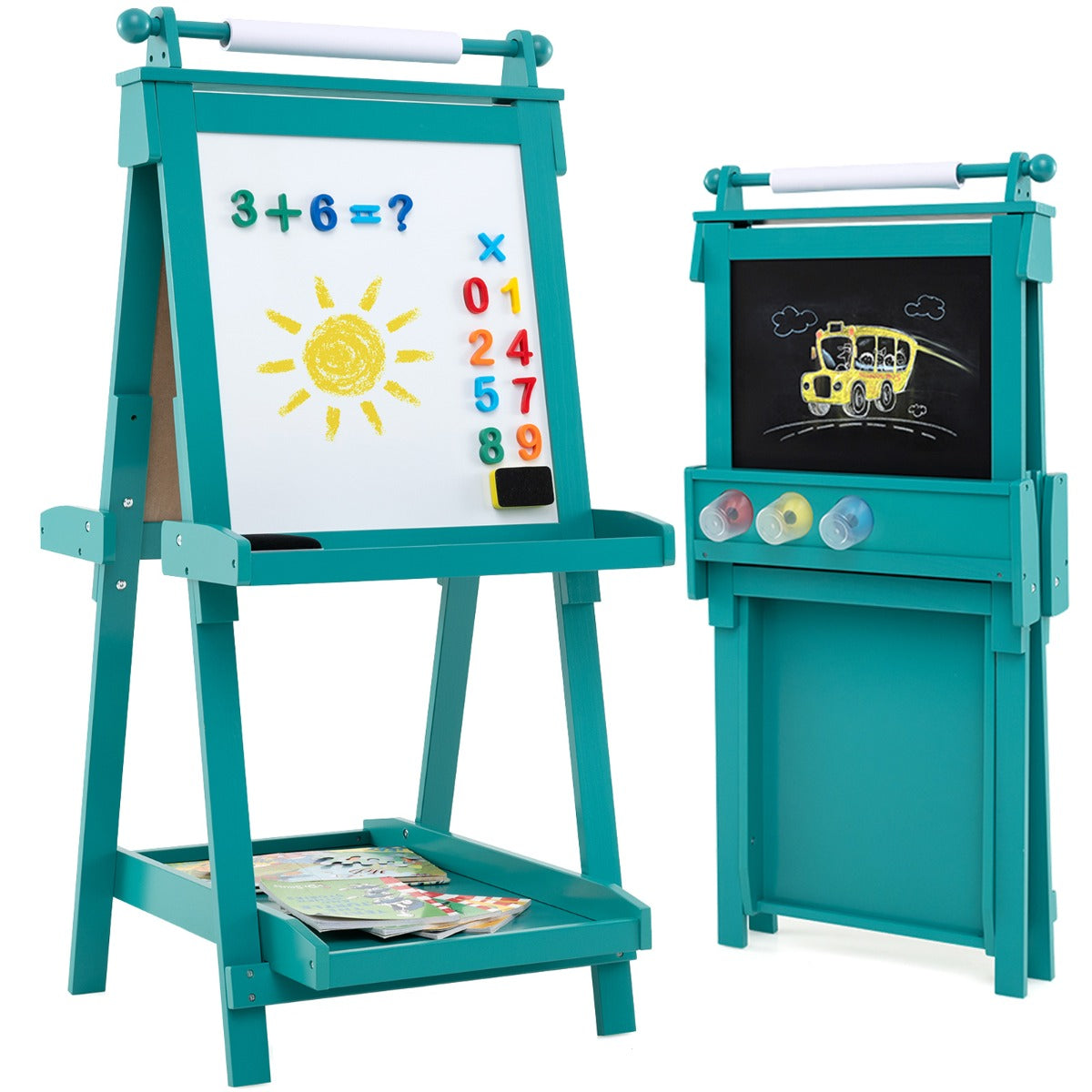 3-in-1 Foldable Double-sided Art Easel with Chalkboard and Whiteboard-Green