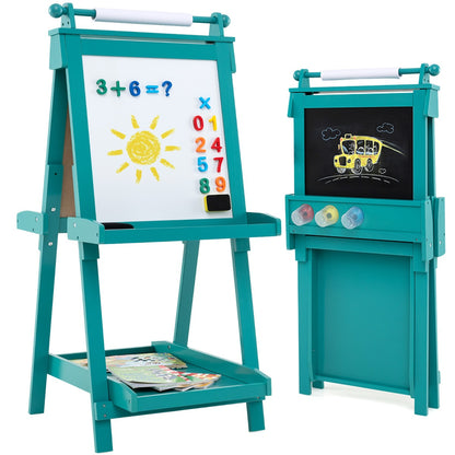3-in-1 Foldable Double-sided Art Easel with Chalkboard and Whiteboard-Green